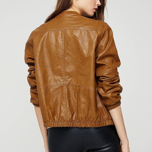 Bomber Jacket faux leather brown camel elasticized sleeves ladies size L - Picture 4 of 12